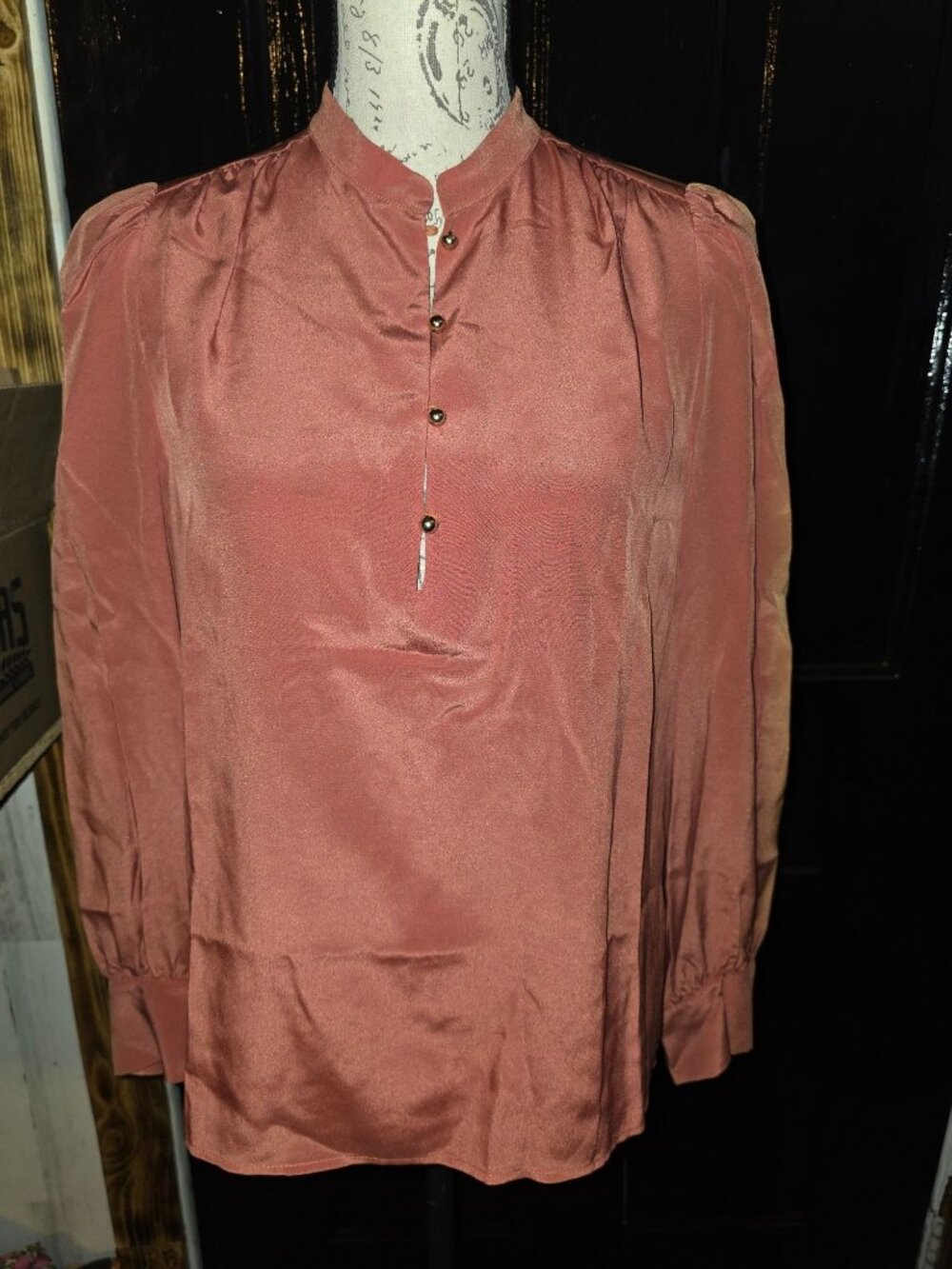 Vanessa Bruno Rust Silk Long Sleeve Blouse With Mandarin Collar & Button Detail